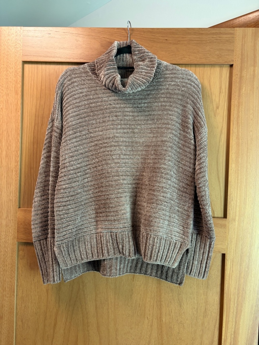 Pink Rose Heather Taupe Ribbed Cowl Neck Sweater